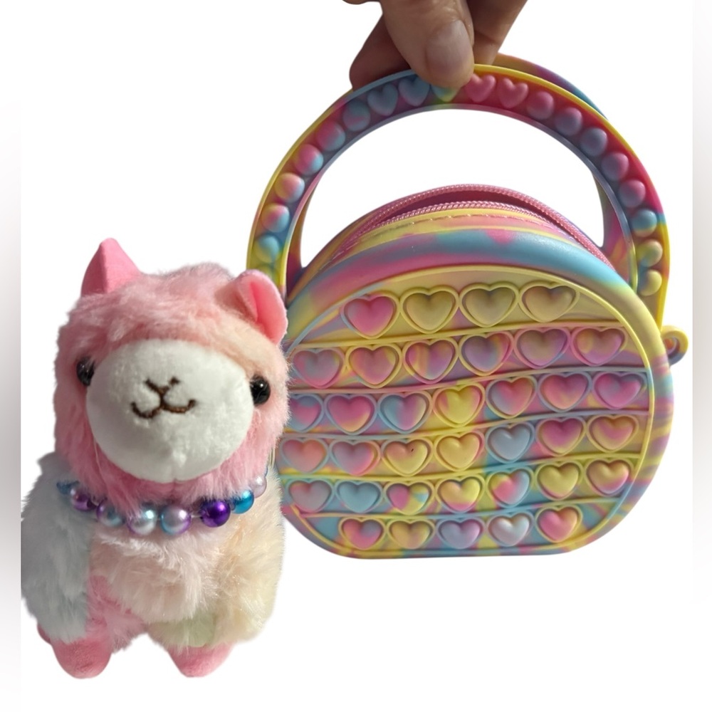 Colorful Heart Pop‎ It Bag with Plush llama